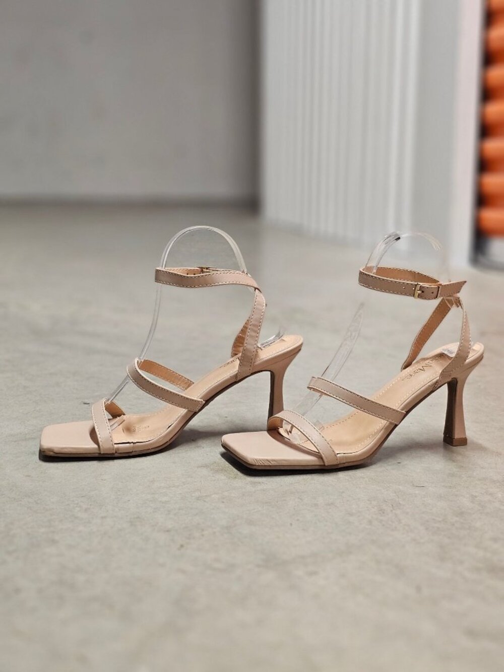 Strappy Nude Beige High Heel Sandals With Square Toe & Adjustable Ankle Strap Fo - Picture 14 of 15